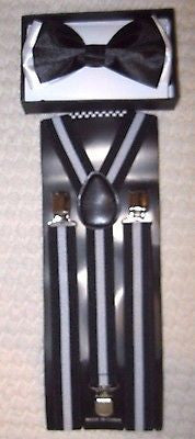 Black White Stripes Adjustable Bow Tie & Black White Stripes Suspenders Combo