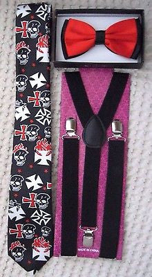 Black with White Flaming Skulls+Crosses Necktie+BLACK Adjustable Suspenders Set