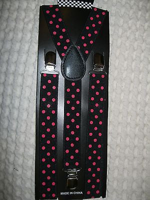 Unisex Pink Polka Dots on Black Adjustable Y-Style Back suspenders-New!