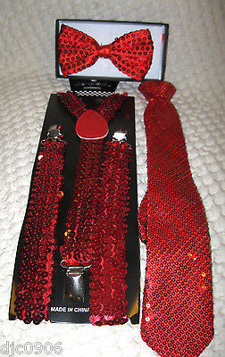 Red Sequin Adjustable Bow tie,Neck Tie & Red Sequin Adjustable Suspenders Combo