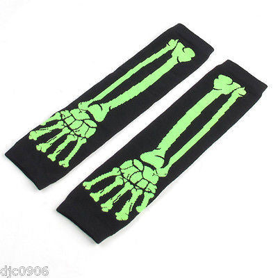 Unisex Black Green Skeleton Elastic Fingerless Arm Warmers Elbow Long Gloves-New