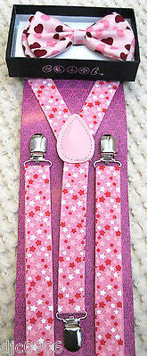 Pink Hearts Valentine Adjustable Bow Tie & Pink White Stars Suspenders Combo-New
