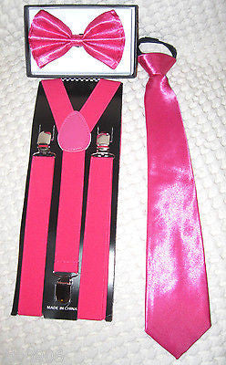Hot Pink Bow Tie,Hot Pink Matching Pre-Tied Neck tie&Hot Pink Suspenders Set-New