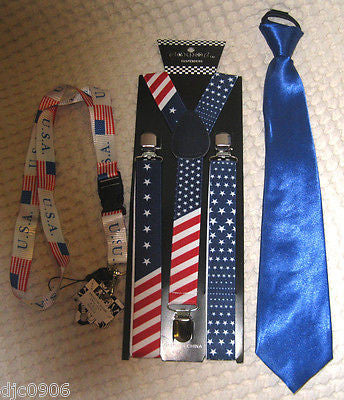 US Flag American Flag Suspenders,US Flag Lanyard&Solid Blue Pre-Tie NeckTie-New