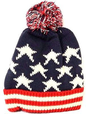 US American Flag Red,White,& Blue Stripes&Stars Flag Beanie POM POM Ski Cap-New!