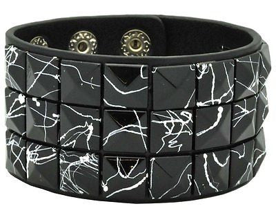 Silver triple row Checkered Studded Black Leather Bracelet-Brand New!