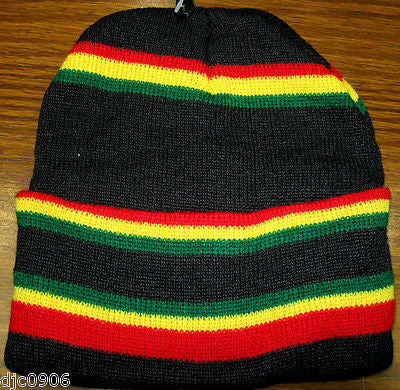 Rasta Red,Yellow,Green Stripes Strip on Black Knitted Skull Beanie Ski Cap-New!