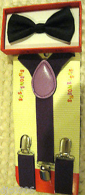 Solid Pink Kids Boys Girls Y-Back Adjustable Bow Tie &Black Kid suspenders-New!