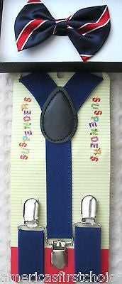Kids UK Blue Red Strips Boys Girls Adjustable Bow Tie&Blue Y-Back suspenders-New