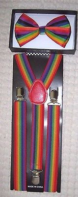 Unisex Rainbow Stripes Adjustable Bow tie+Rainbow Adjustable Suspenders Combo-V2