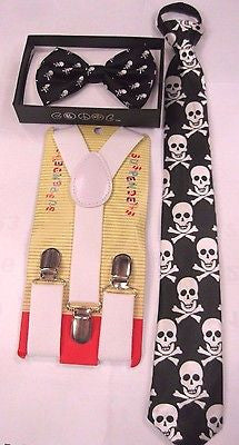 Teen's Pink Adjustable Bow Tie,Multi-Color Skulls Tie & White Y-Back Suspenders