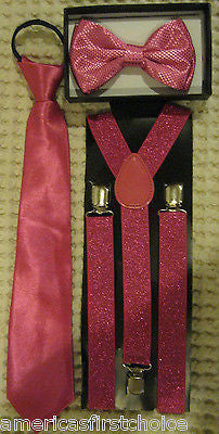 Kid's Boys Girls Black Adjustable Bow Tie, Neck Tie & Black Y-Back Suspenders