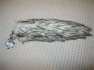 WHITE WITH BLACK STREAKS FUR FOX TAIL FOXTAIL KEYCHAIN 12" CLIP-BRAND NEW!