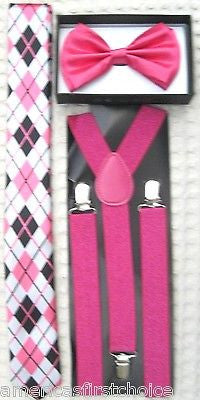Unisex Men's Women's Hot Pink Necktie + Hot Pink&Black Stripes Suspenders Combo