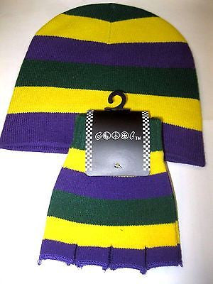 Mardi Gras Purple,Yellow,and Green Beanie Ski Cap with Matching Gloves Combo-New
