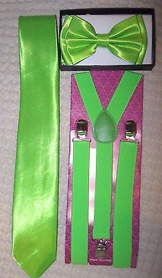 Lime Green Adjustable Bow Tie,Lime Green Adj Suspenders,&Lime Green Tie Combo-V2