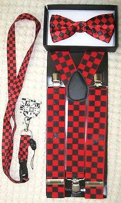 Black&Red Checkers Bow tie,Black&Red Lanyard,& 1 1/2" B&R Checkered Suspenders-1