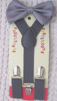 Solid Dark Gray Kids Boys Girls Y-Style Back Adjustable Bow Tie&Gray suspenders