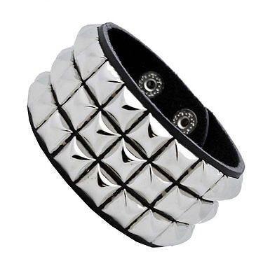 Silver triple row Checkered Studded Black Leather Bracelet-Brand New!