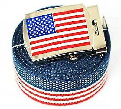 Canvas Military "US Flag" Red White Blue Stripes Web Belt & Matching Belt Buckle