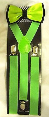 NEON GREEN BLACK TIPS TUXEDO BOW TIE + 1" NEON GREEN ADJUSTABLE SUSPENDERS SET