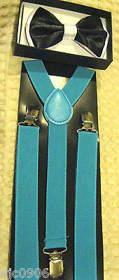 Black White Tips Adjustable Bowtie & Solid Blue Adjustable Suspenders Combo-New