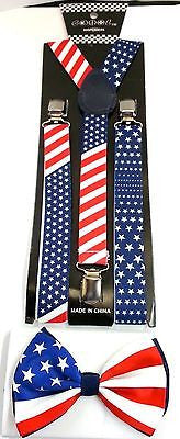 Patriotic Flag Adjustable Bow tie & US Flag Adjustable Suspenders Combo-New!