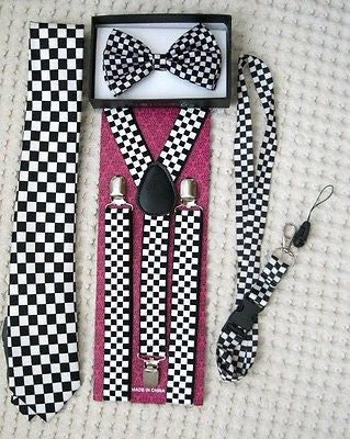 Black&White Checkers Bow tie,Necktie,Lanyard, & 1" B&W Checkered Suspenders-V3