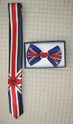 UK British Flag Skinny Neck Tie & UK British Adjustable Bow Tie Combo-A8