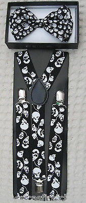 Black White Skulls Pre-tied Strap Bow tie & Black White Skulls Adjustable Suspenders Combo-New