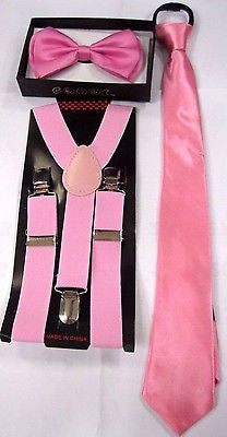 KidsTeens PINK Adjustable Bow Tie,Pink Neck Tie&Pink YBack adjustable Suspenders