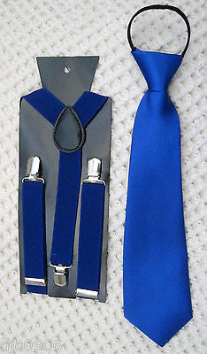 Kids Teens Blue Pre-Tied NeckTie & Blue Adjustable Suspenders Combo Set-New!