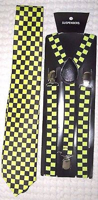 Black&Yellow Checkers Necktie and Black&Yellow Checkered Adjustable Suspenders