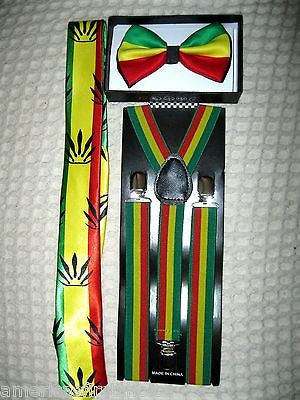 Rasta Stripes Bow Tie,Rasta Marijuana Leaves NeckTie&Rasta Stripes Suspenders