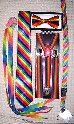 Men's Rainbow Stripes Adjustable Bow tie,Neck Tie,Suspenders,Lanyard,Shoelaces17