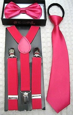 Kids Teens Lips Kisses Bowtie and Necktie with Pink Adjustable Suspenders Set