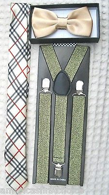 Black Gargoyle Plaid Bow Tie,Black Plaid Necktie&Black Suspenders Combo Set-New!