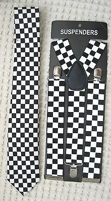 Black&White Checkers Necktie,Lanyard and Wide 1 1/2" B&W Checkered Suspenders-V1