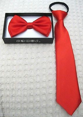 Kids Teens Red Adjustable Bow Tie & Red Adjustable Pre-Tied Necktie Combo Set
