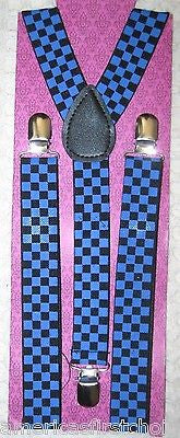 Unisex Large Navy Blue Black Checkered Adjustable Y-Style suspenders-New in Pkg