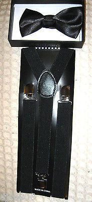 Solid Black Adjustable Bow Tie & Solid Black Adjustable Suspenders Combo-New!V2
