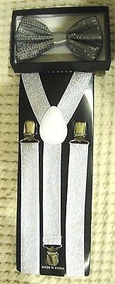 Silver Sequin Adjustable Bow tie & Silver Glittered Adj. Suspenders Combo-New!V4
