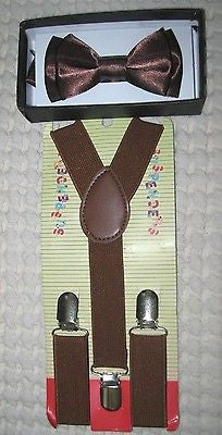 Kids Boys Brown Adjustable Bow Tie & Brown Y-Back Adjustable Suspenders-New! ve2