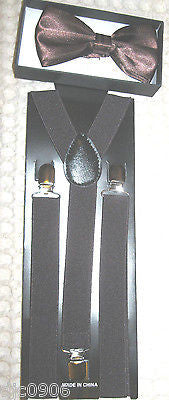 Shiny Brown Adjustable Bow tie & Brown Y-Back Adjustable Suspenders Combo-New!v2