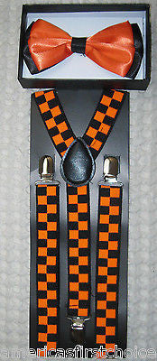 ORANGE WITH BLACK TIPS TUXEDO BOW TIE+ ORANGE ADJUSTABLE SUSPENDERS COMBO SET