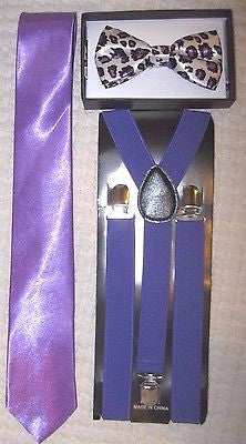 Purple Plaid Bow Tie,Solid Purple Neck Tie & Purple Adjustable Suspenders-New!v2