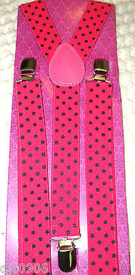 Hot Pink with Black Polka Dot Y-Back Adjustable Suspenders-Pink Suspenders-New!