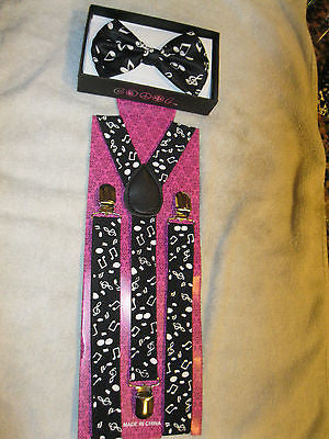 Unisex Black White Musical Notes Suspenders and matching Bowtie Bow Tie-New!