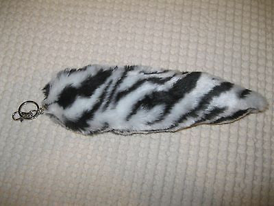 WHITE WITH BLACK STREAKS FUR FOX TAIL FOXTAIL KEYCHAIN 12" CLIP-BRAND NEW!