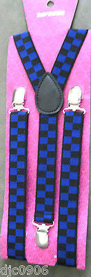 Solid Black Adjustable Bow tie & Navy Blue Black Checkered Suspenders Combo-New!